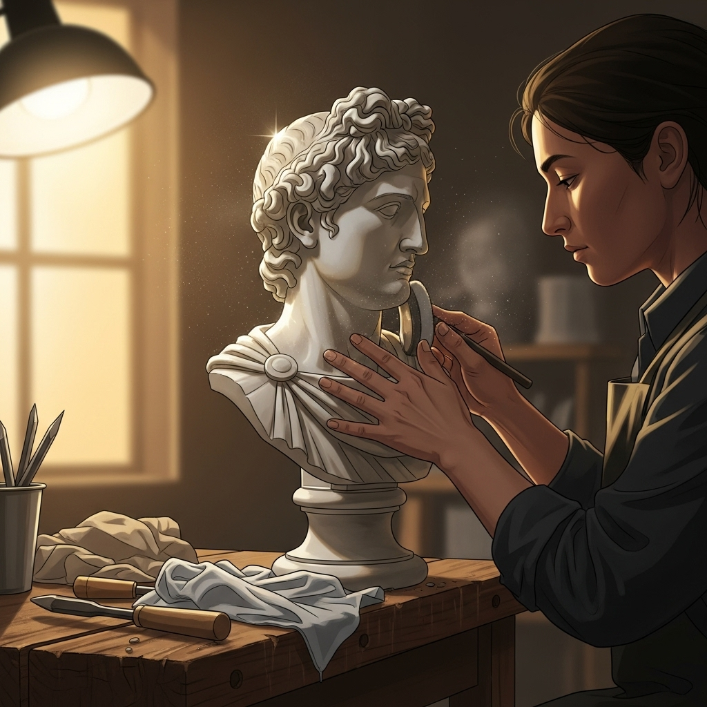 Illustration of a person polishing a sculpture, symbolizing improvement and effort. Studio lighting, warm tone, no text.