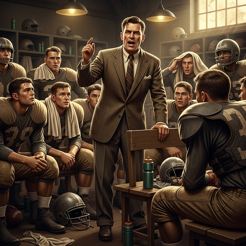 Realistic illustration of a vintage American football coach giving an inspiring speech to players, warm tone, no text.