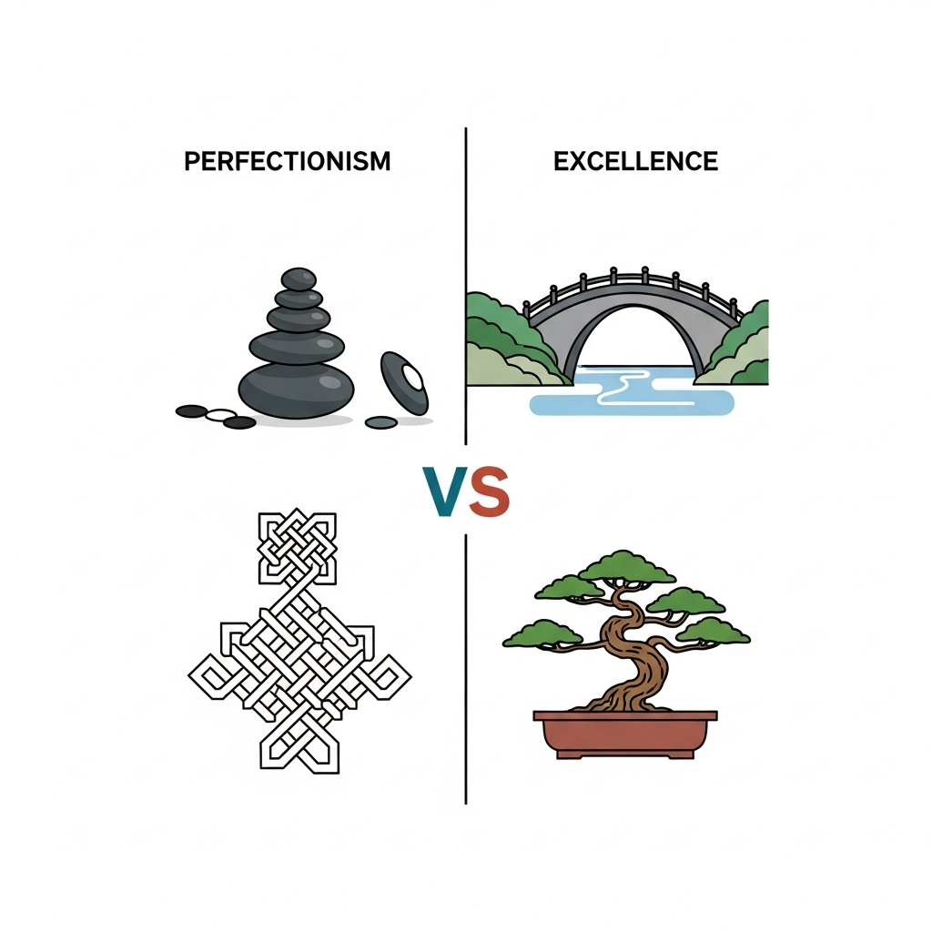 Clean infographic comparing perfectionism versus excellence. Minimal design, Korean context, no text labels.