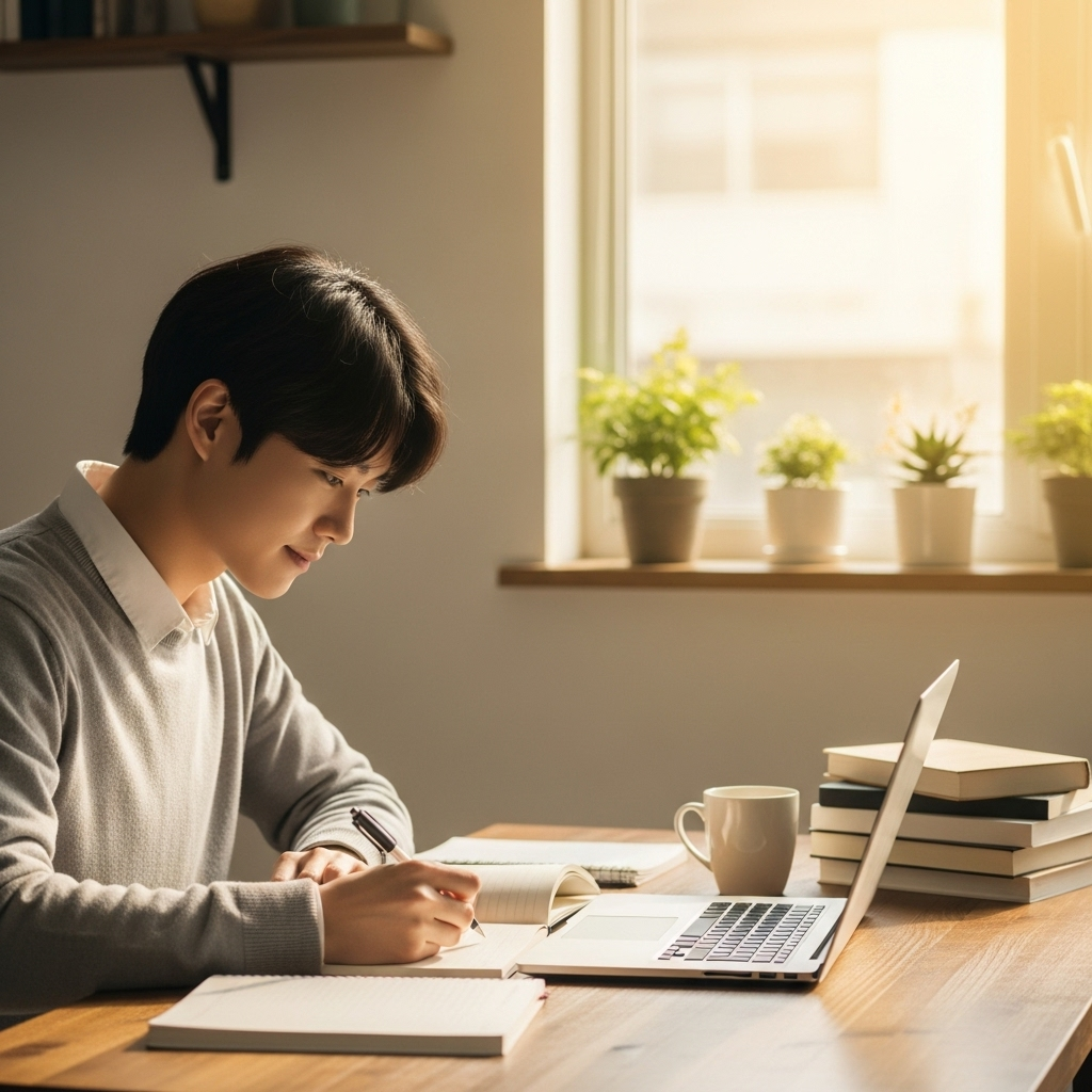 Korean student or professional steadily improving at work or study, morning sunlight, natural atmosphere, lifestyle photo.