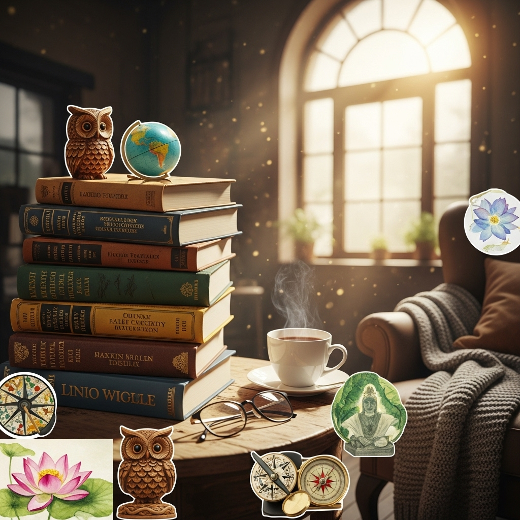Inspirational collage of diverse wisdom quotes represented by books, sunlight through window, cozy mood, no text.