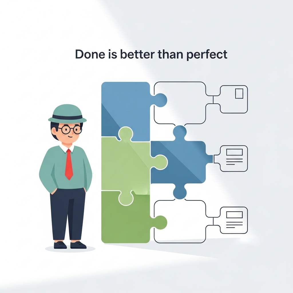 clean infographic showing a person finishing a project confidently while leaving some details undone, symbolizing “Done is better than perfect”, soft natural light, no text