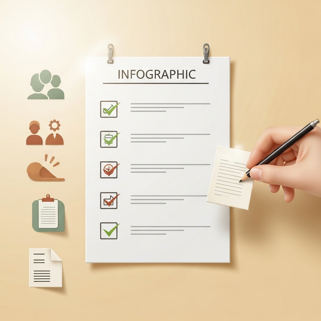 infographic of checklist items being ticked off, warm minimal design, realistic details, no text