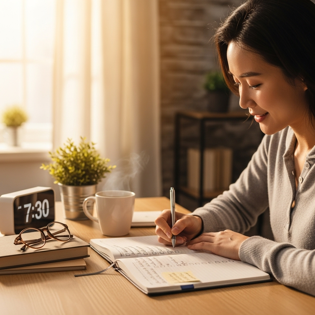 Korean woman checking off small goals on planner, cozy desk, morning sunlight, lifestyle photography
