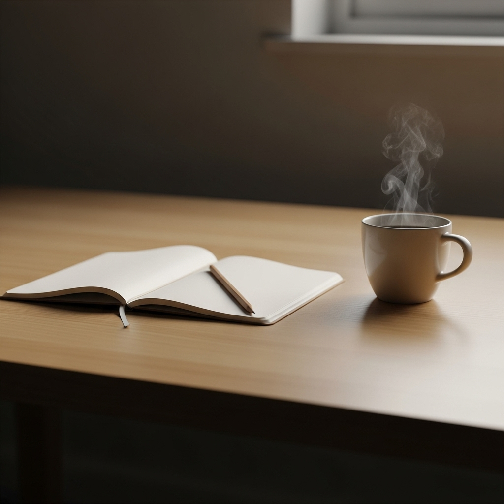 A minimalist studio desk with a few essential items—a notebook, pencil, and cup—under soft morning light, symbolizing simplicity and clarity. No text.