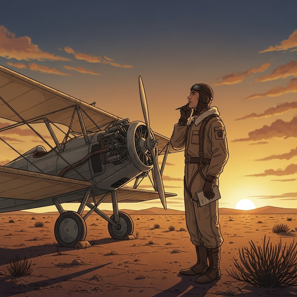 Illustration of a contemplative writer near an airplane at sunset, evoking aesthetics of Saint-Exupéry’s dual life as pilot and author. Warm tones, reflective mood. No text.