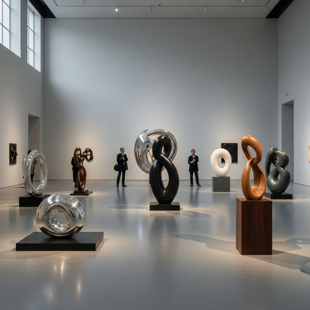 A serene art gallery with minimalist sculptures and thoughtful visitors, emphasizing empty space and balance. Soft natural lighting. No text.