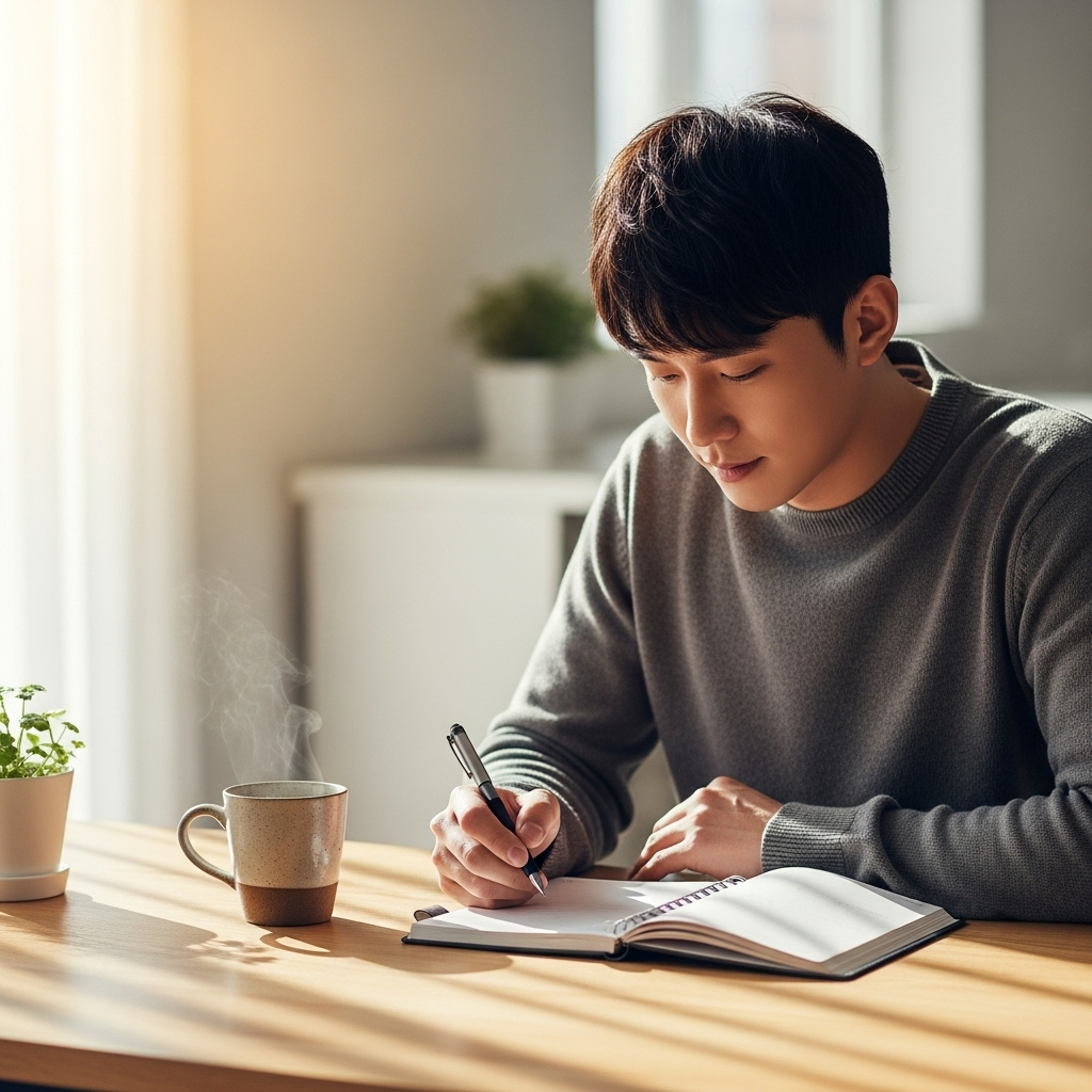 A young Korean man planning his day with a minimalist planner and warm tea on a wooden table, sunlight streaming in calmly. No text.