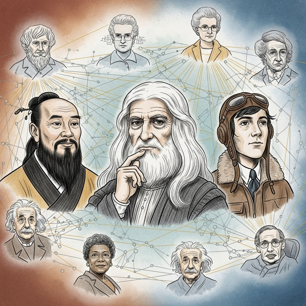 Collage-style illustration showing portraits of global thinkers like Confucius, da Vinci, and Saint-Exupéry, connected by lines representing shared wisdom. No text.
