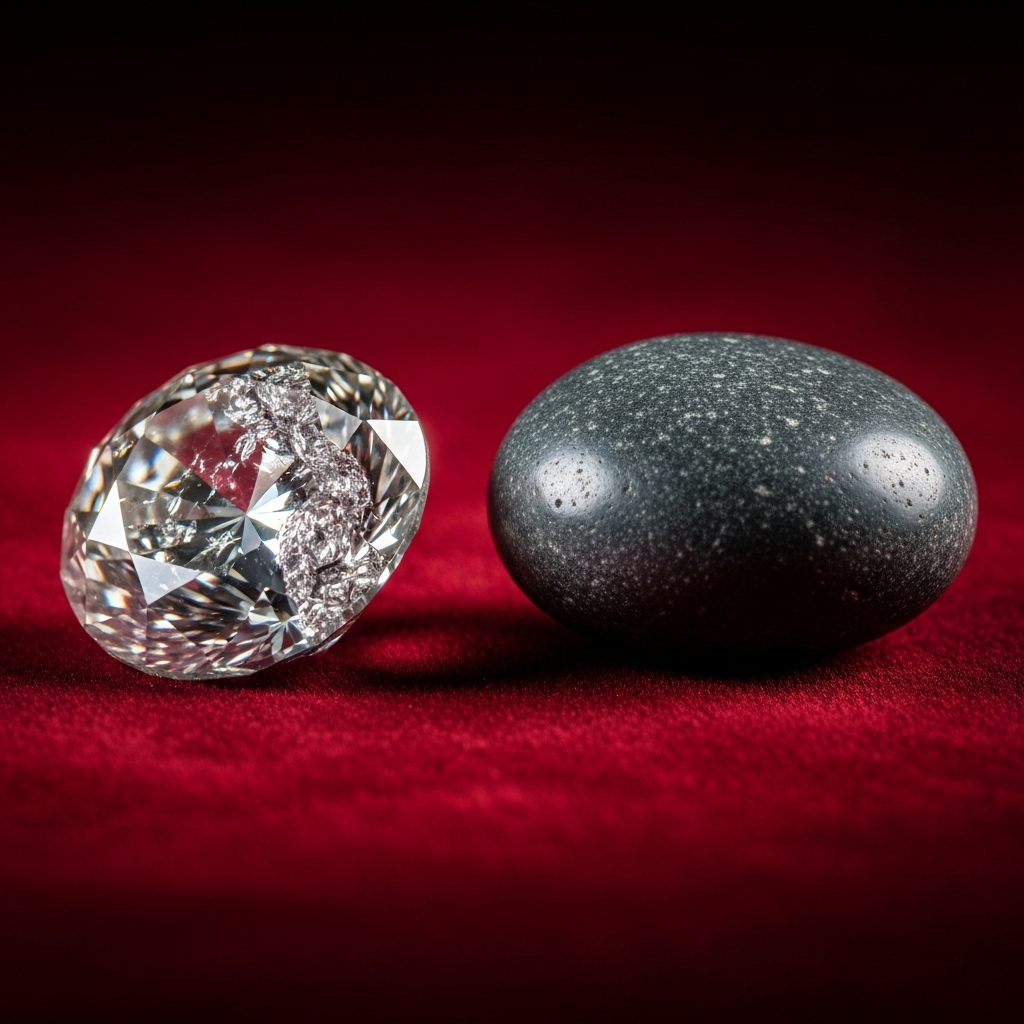 A realistic comparison scene showing a flawed diamond with visible inclusions sparkling brilliantly next to a perfect smooth pebble on elegant velvet surface, dramatic lighting highlighting the diamond's inner fire despite its flaws, luxury jewelry photography style, no text