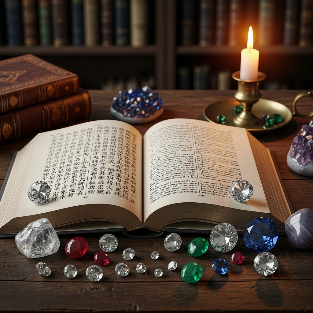 Ancient philosophy books opened with classical Chinese or Latin text, surrounded by raw diamonds and polished stones on wooden desk, warm candlelight creating scholarly atmosphere, vintage academic setting, no text visible