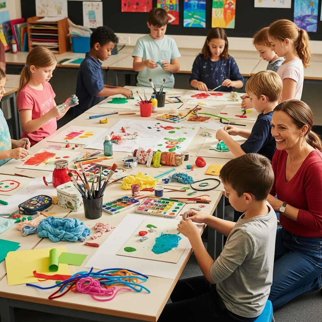 Creative classroom scene with students engaged in hands-on learning, art supplies and experimental materials scattered around, teacher encouraging diverse approaches, warm educational atmosphere emphasizing process over perfection, documentary style photography, no text