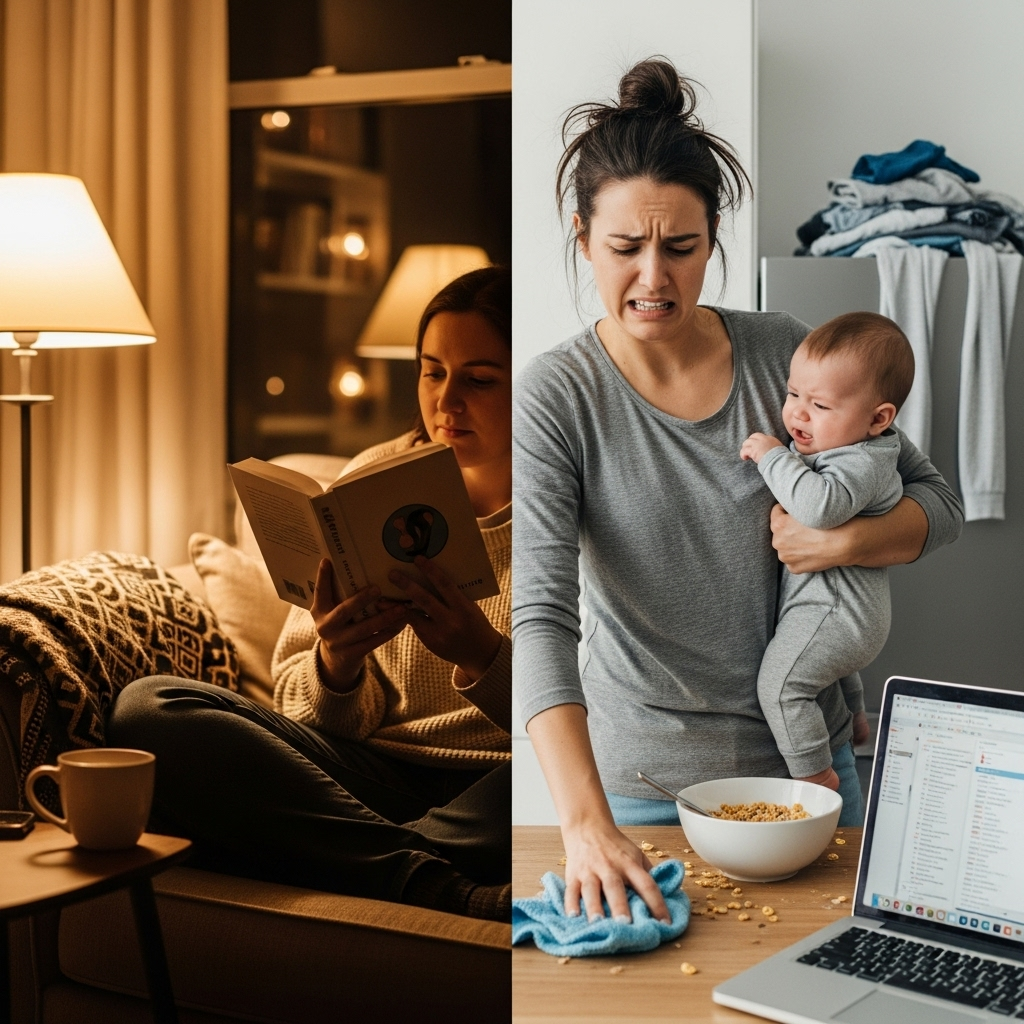 A split scene showing a person reading a perfect story in a book on one side, and the same person dealing with messy, imperfect real-life situations on the other side. Warm lighting, realistic details, lifestyle photography style. No text.
