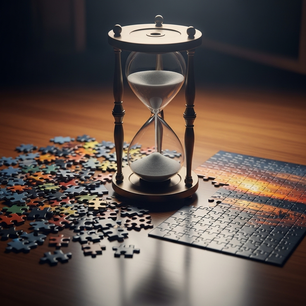 An hourglass with sand flowing, surrounded by scattered puzzle pieces on one side and a completed puzzle on the other, representing the difference between living through events and narrating them. Soft lighting, conceptual photography. No text.