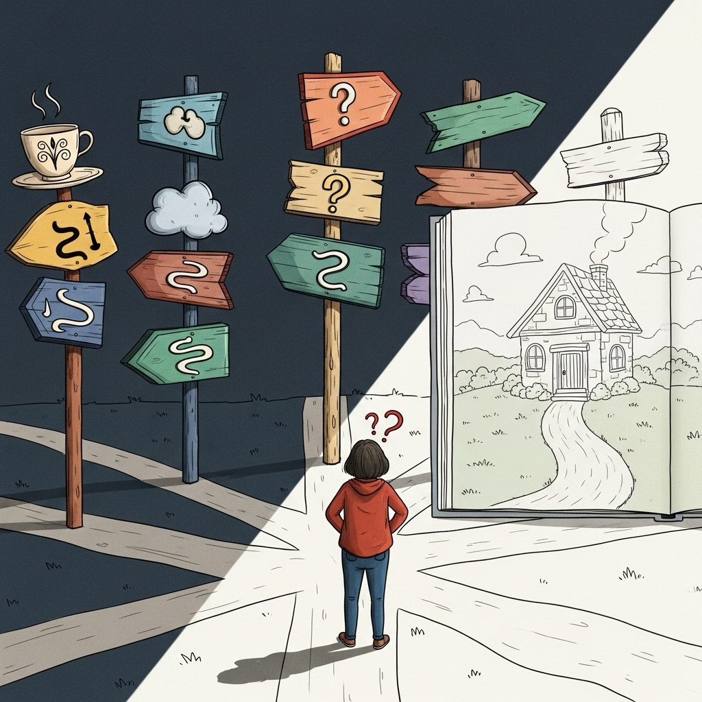 A person standing at a crossroads with multiple confusing signs pointing different directions, contrasted with a clean, organized storybook layout. Realistic lighting, conceptual illustration style. No text.