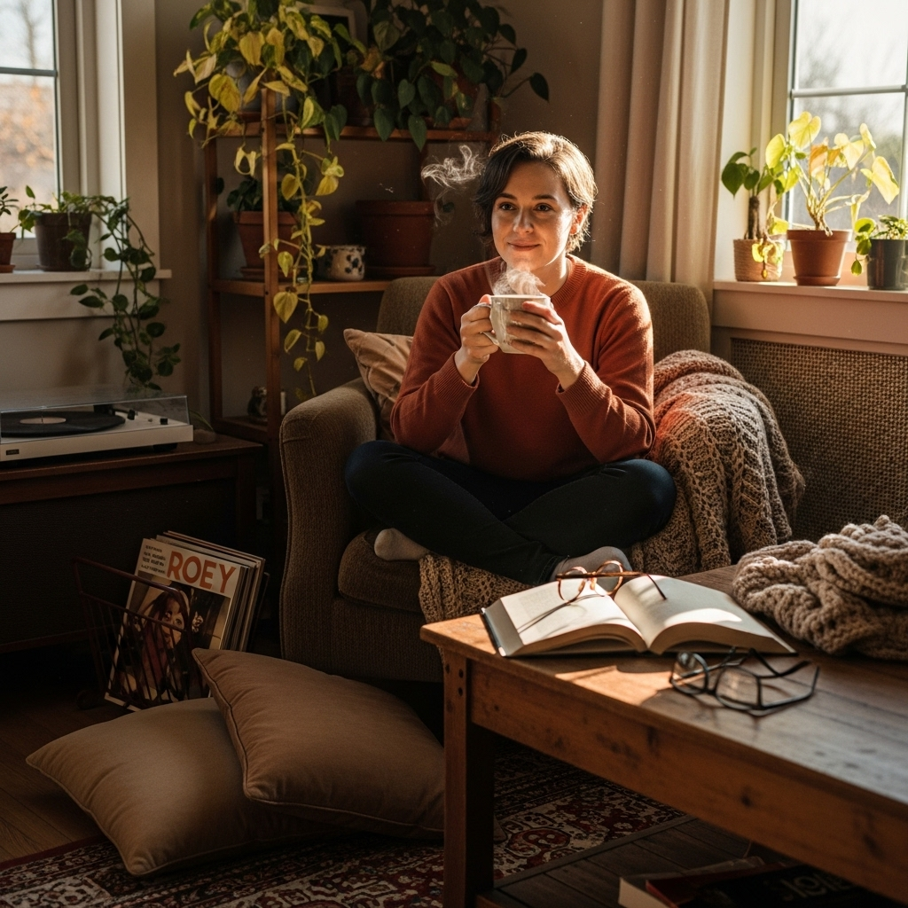 A person sitting peacefully with a cup of coffee, surrounded by slightly messy but comfortable living space, looking content and accepting of imperfection. Warm natural lighting, lifestyle photography. No text.