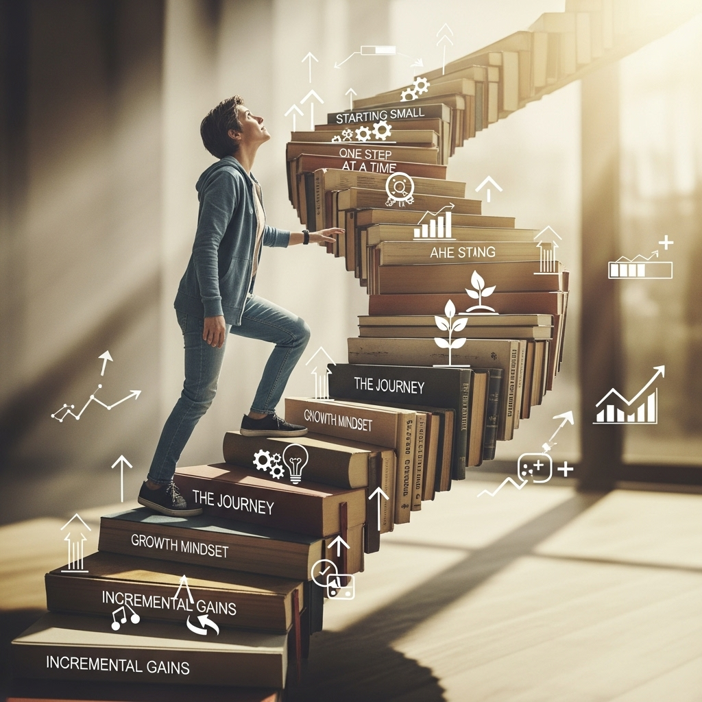 A person climbing stairs made of books and progress symbols, showing gradual improvement rather than perfection. Warm lighting, motivational atmosphere, lifestyle photography style. No text.