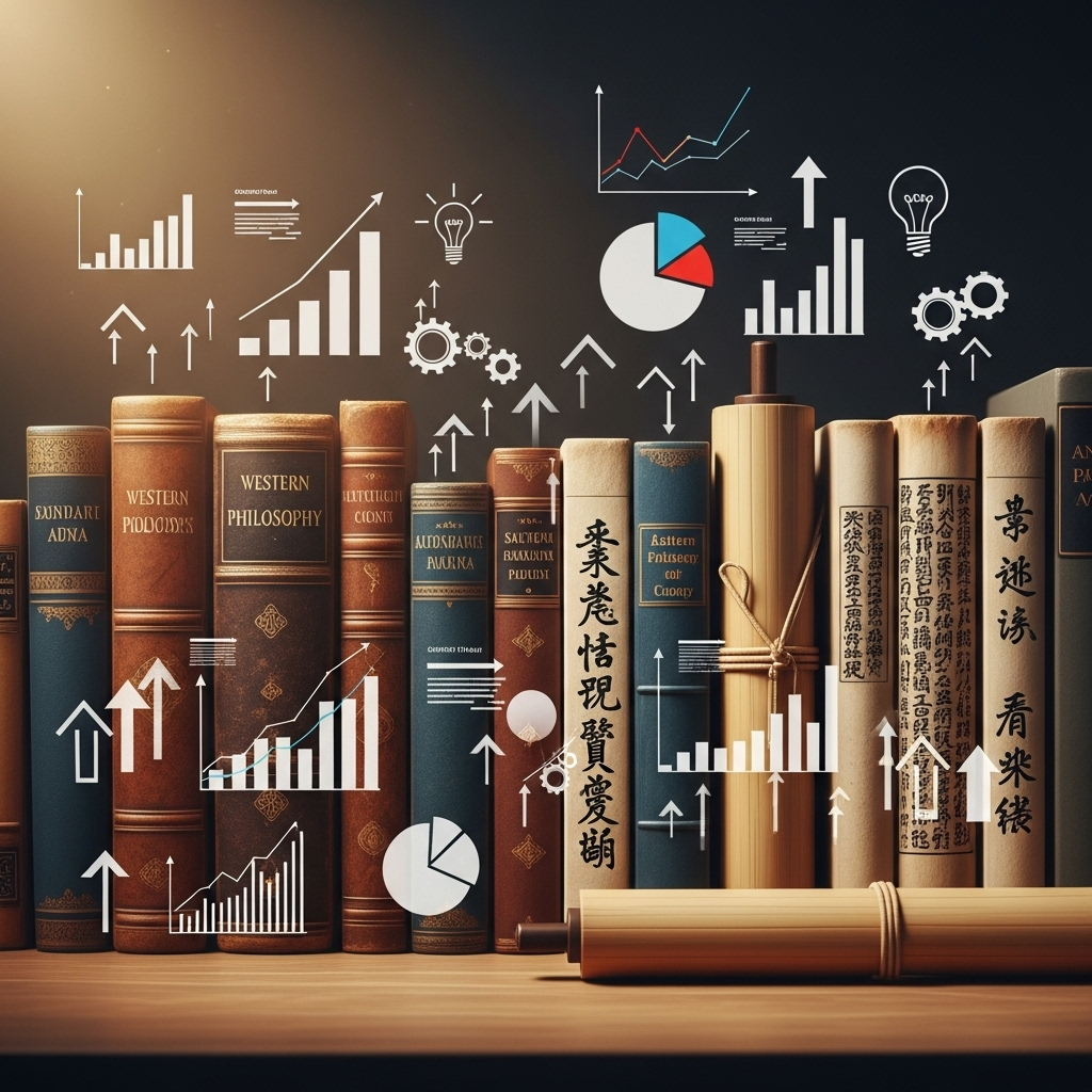 Ancient philosophy books from East and West with modern growth charts and progress symbols. Warm library lighting, scholarly atmosphere, educational infographic style. No text.