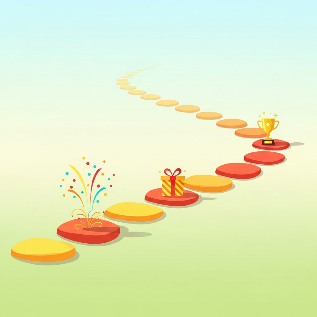 A visual representation of gradual progress with stepping stones, small celebrations along the way. Bright, encouraging atmosphere, infographic style with warm colors. No text.