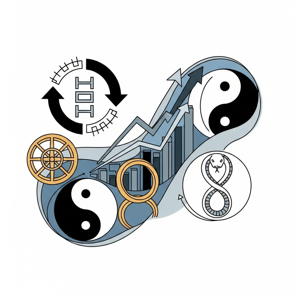 Symbols representing continuous improvement from different cultures - Japanese kaizen, Western progress charts, Eastern philosophy symbols. Harmonious composition, cultural diversity, artistic illustration style. No text.