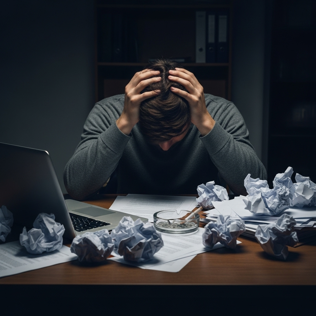 A realistic depiction of a person sitting at a desk surrounded by crumpled papers, struggling with self-criticism under harsh lighting, showing emotional tension without text.