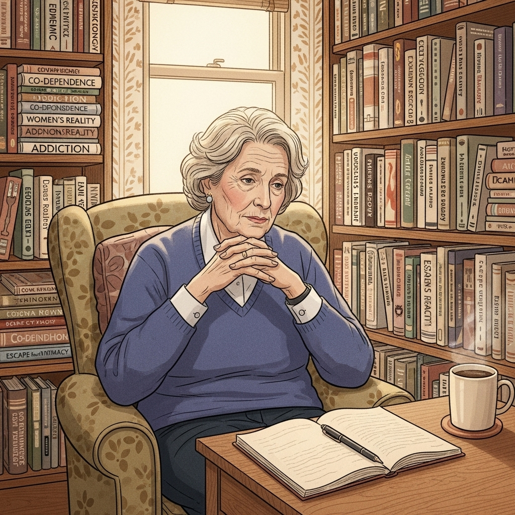 Illustration of Anne Wilson Schaef in a calm study room, soft lighting, surrounded by books about psychology, showing reflective atmosphere, no text.
