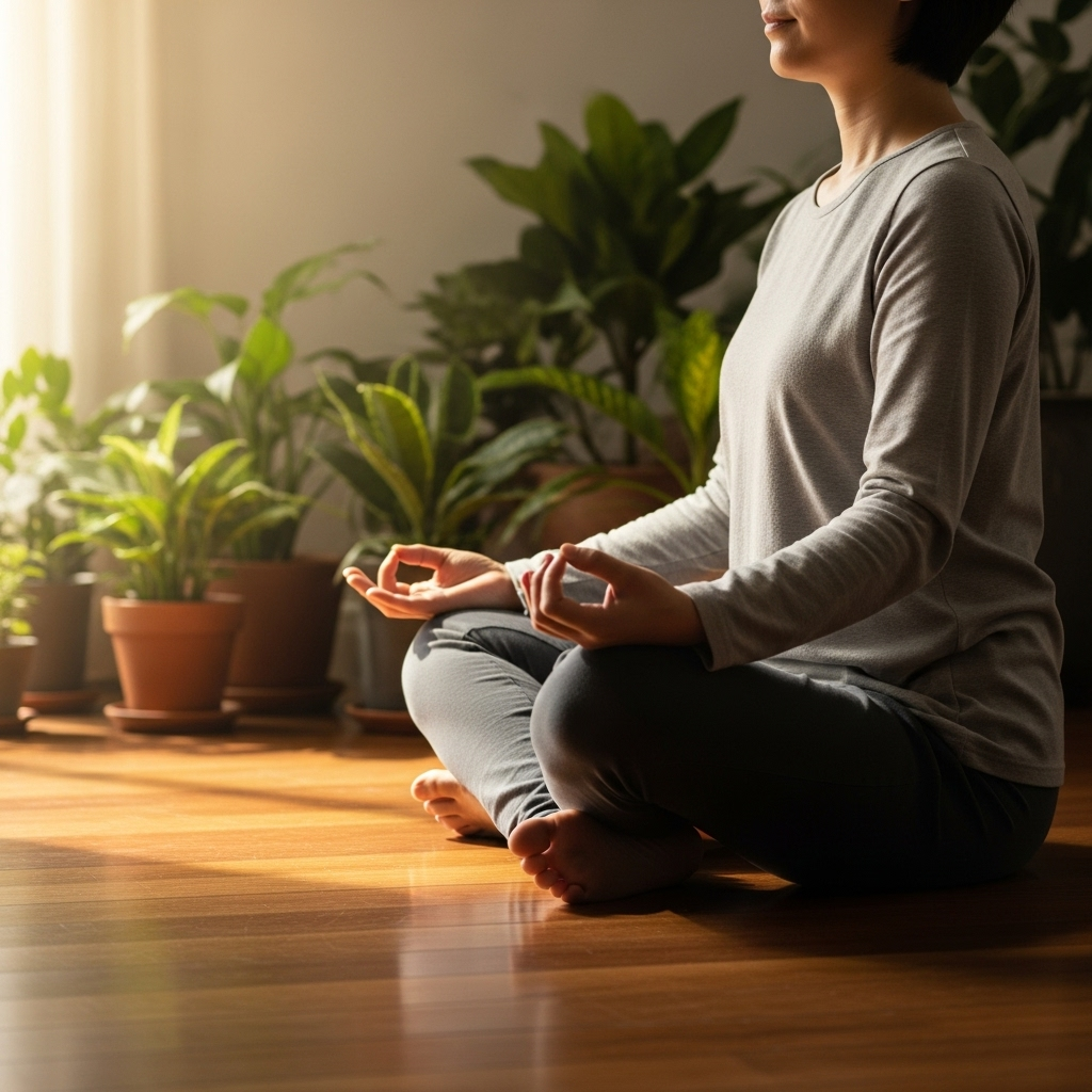 A calm scene of a Korean person meditating on a wooden floor with soft morning light streaming through, plants in background, symbolizing mindfulness.