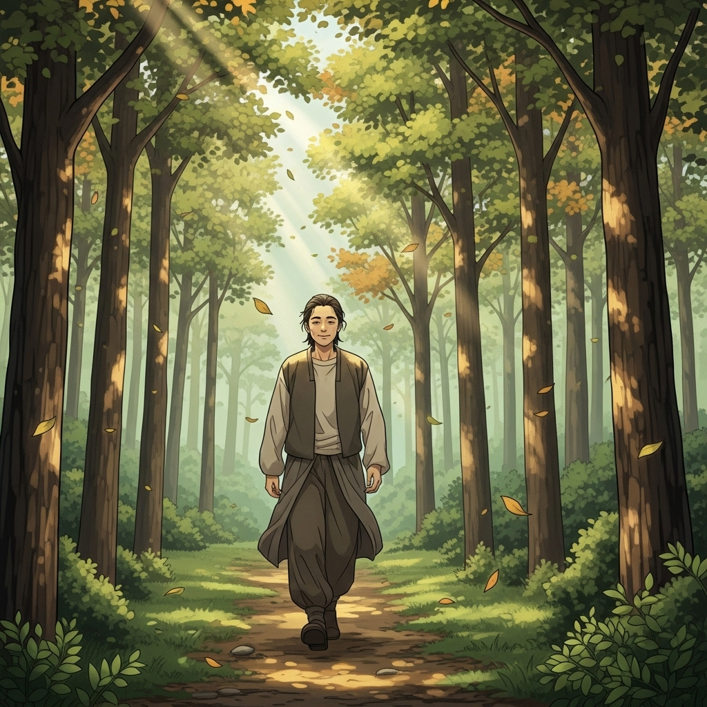 Illustration of a Korean person walking through a calm forest with soft sunlight, representing inner peace and acceptance, no text.