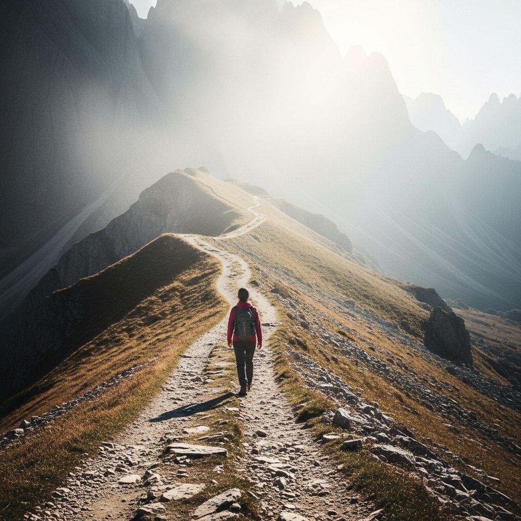 A winding mountain path stretching into the distance with a person walking forward, symbolizing continuous journey and progress. Natural lighting, misty atmosphere, inspiring landscape. No text.