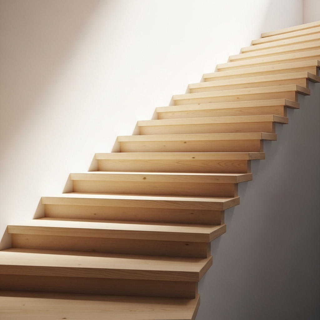 Ascending stairs with each step showing gradual improvement and progress, soft natural lighting, minimalist design representing continuous development. No text.