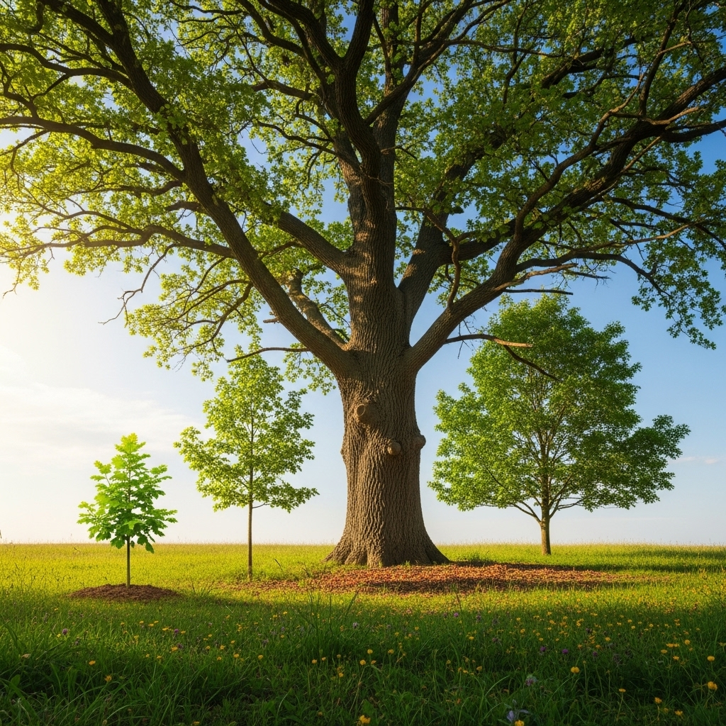 A tree showing different stages of growth from sapling to mature tree, representing continuous development and progress over time. Natural outdoor setting, warm lighting. No text.