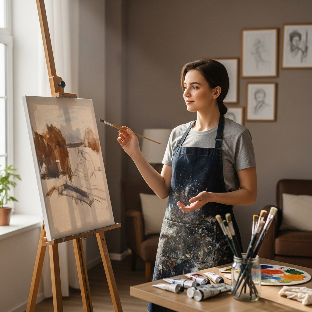 A thoughtful young artist stands before a half-finished painting, one hand holding a brush firmly, the other open and relaxed, symbolizing control and letting go. Soft natural lighting, calm studio background, no text.