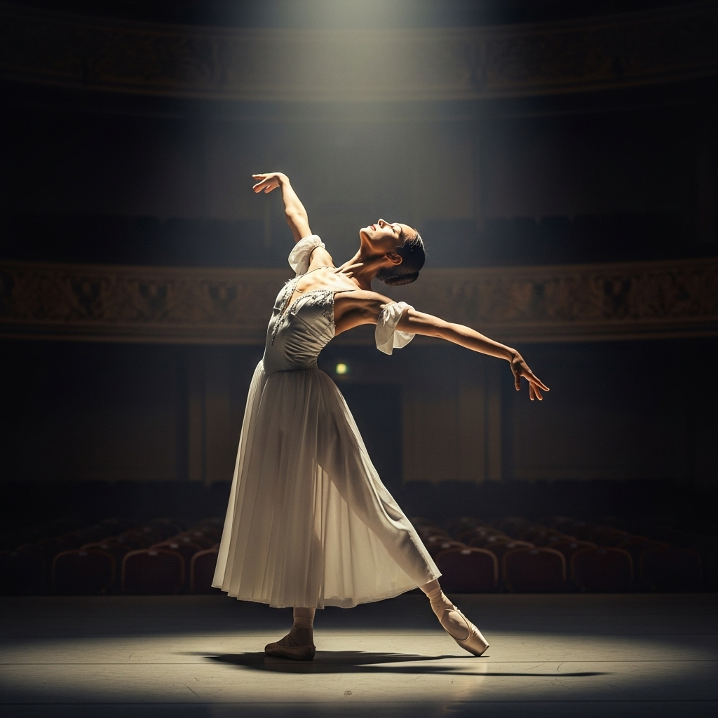 A ballerina on stage under soft spotlight, her pose between tension and freedom, expressing both control and release. Cinematic lighting, elegant motion, no text.