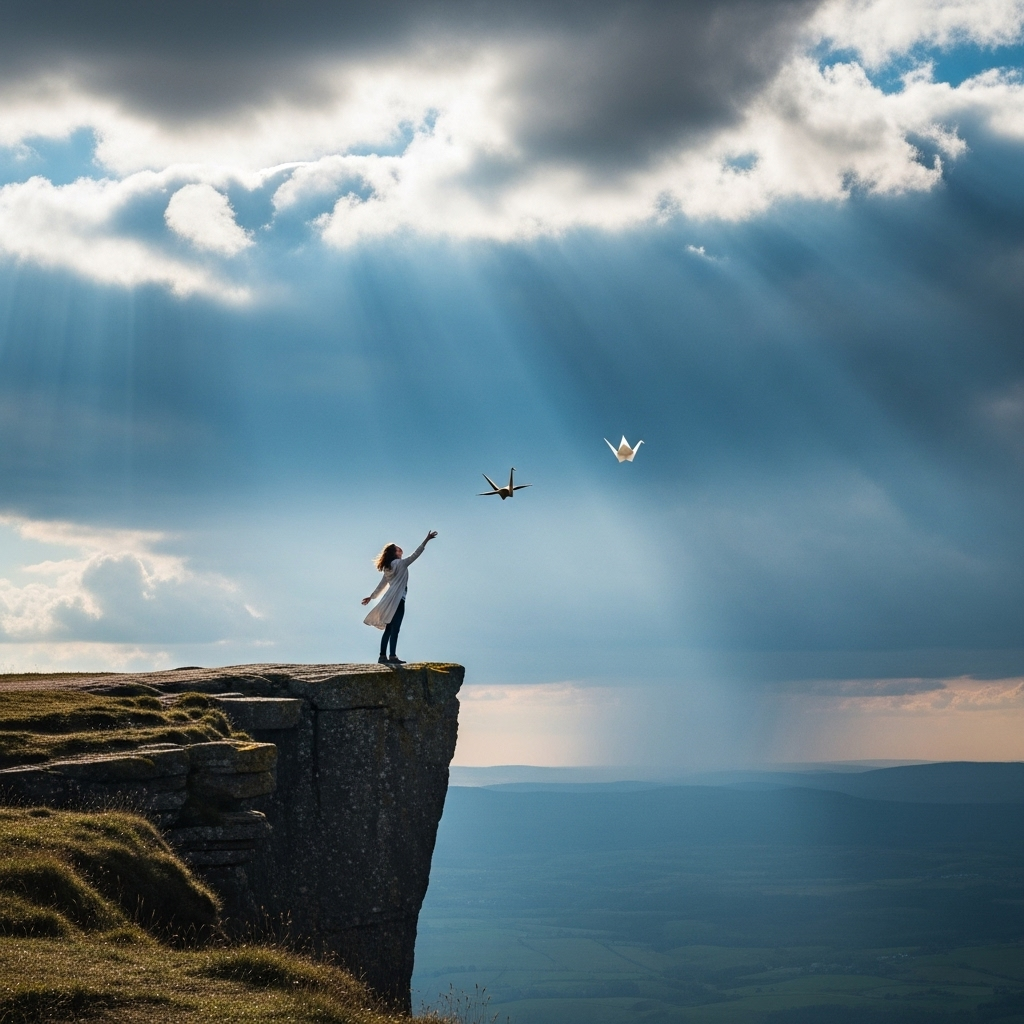 A person standing at a cliff edge releasing a paper crane into the wind, sunlight breaking through clouds, symbolic of letting go. Peaceful atmosphere, natural colors, no text.