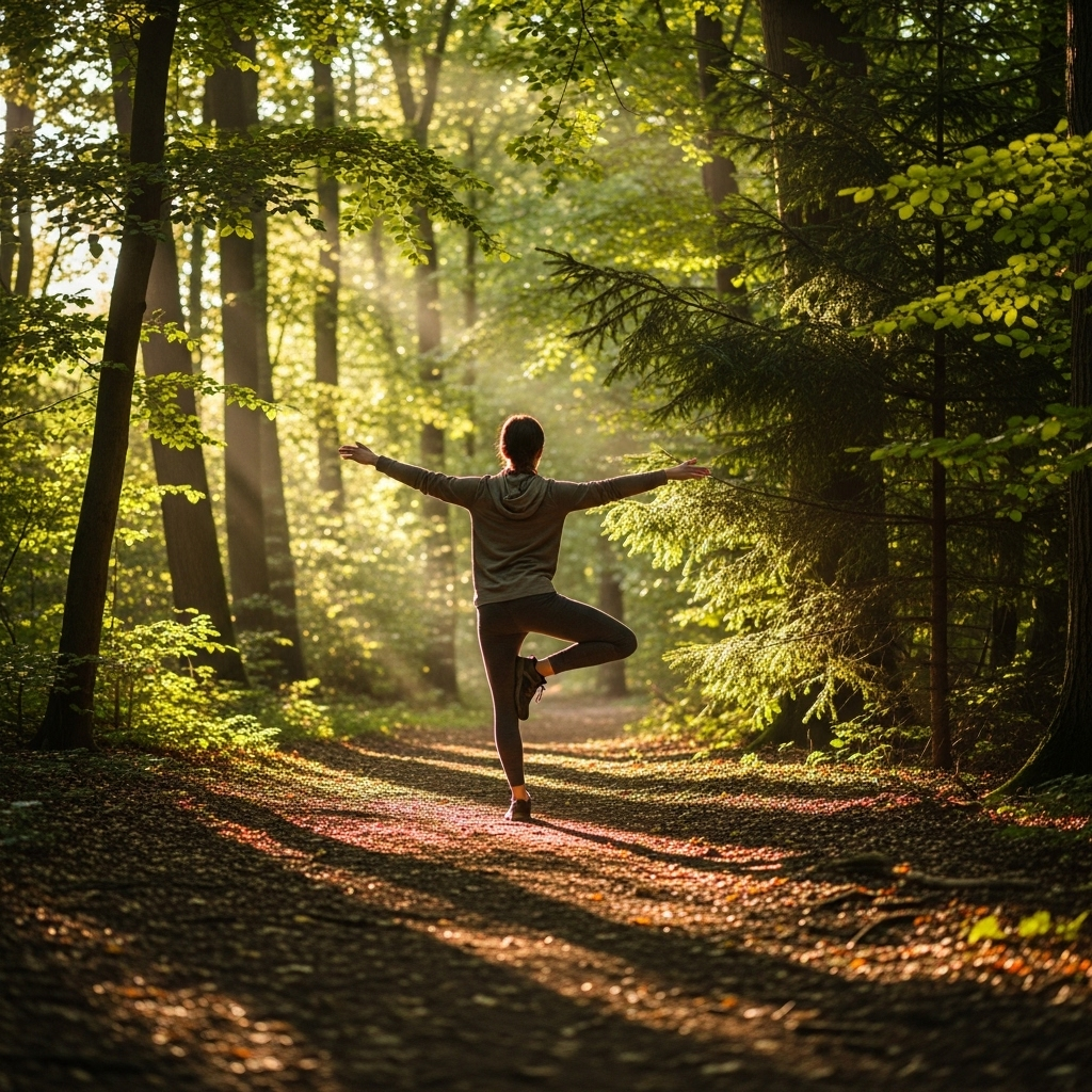 A person balancing on one foot on a forest path with sunlight streaming, symbolizing harmony between control and freedom. Warm lighting, natural scenery, no text.