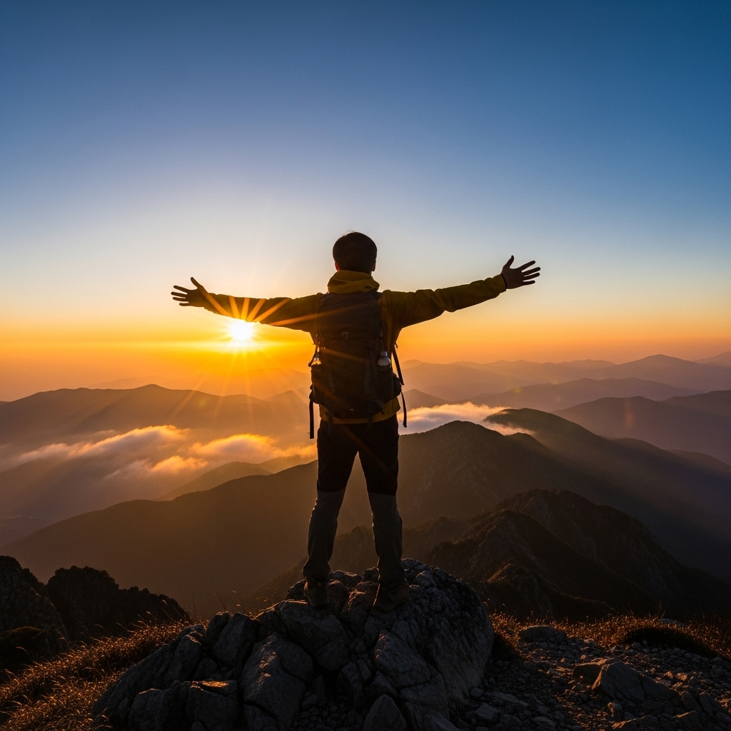 A young Korean man standing at sunrise on a mountain peak, spreading arms to embrace the morning light, symbolizing Carpe Diem. Natural lighting, cinematic atmosphere, no text.