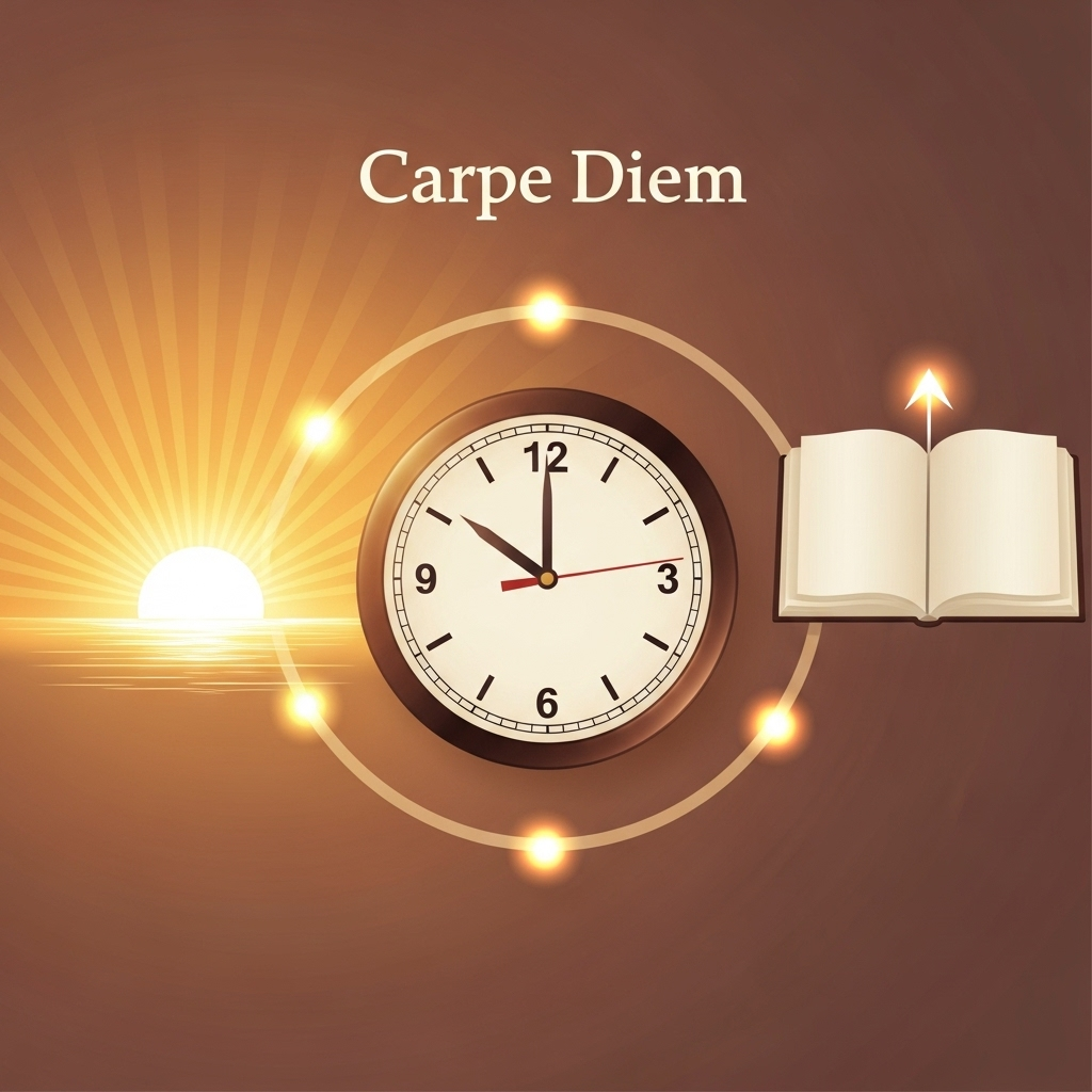 Clean infographic explaining meaning of “Carpe Diem” in Latin with symbolic images like a clock, sunrise, and an open book. No text, warm tones.