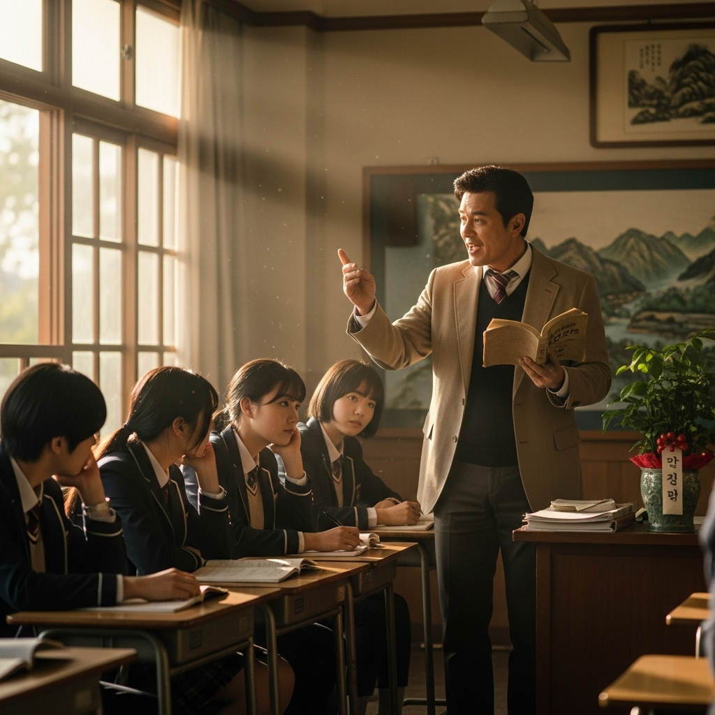 Korean classroom scene inspired by “Dead Poets Society,” students listening intently to a passionate teacher near the window, warm sunlight, inspirational mood. No text.