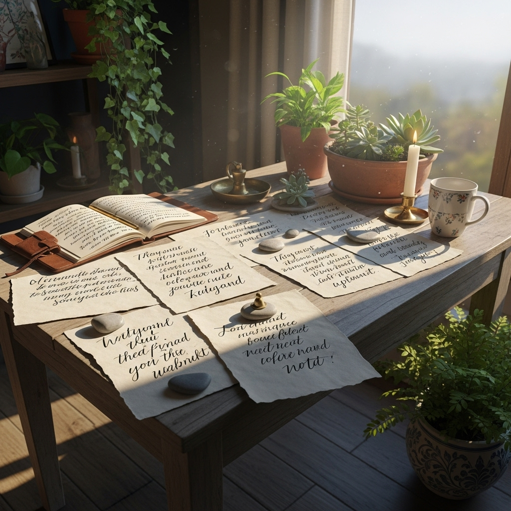 A table with handwritten quotes on paper, morning light from a window, plants around, soft atmosphere symbolizing reflection and learning. No text.