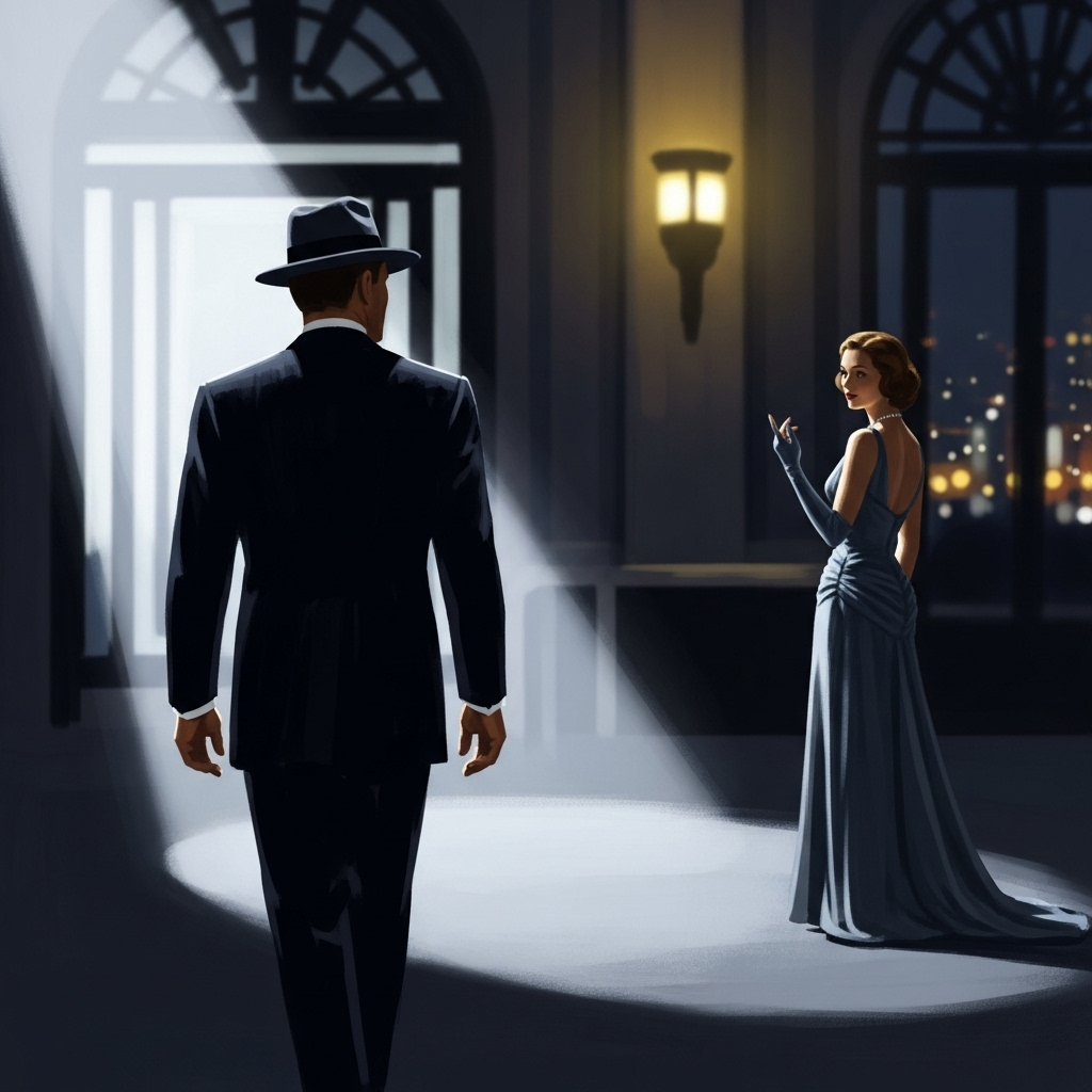 cinematic illustration of a classic Hollywood era scene showing a man walking away confidently from a woman in elegant clothing, dramatic lighting, no text