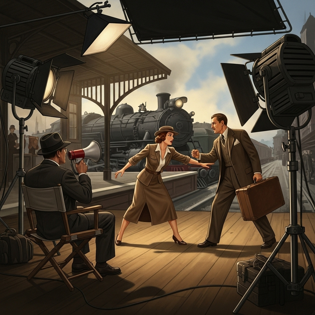 illustration of a 1930s movie set, director and actors recreating a dramatic farewell scene, vintage style lighting, no text