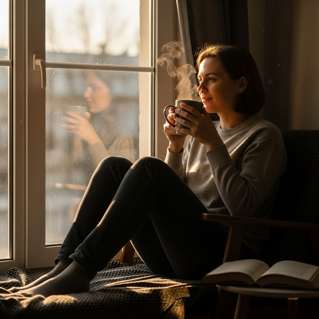 realistic lifestyle scene of a person sitting peacefully by a window with warm sunlight, sipping tea, relaxed yet reflective mood, no text