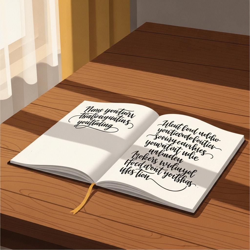 minimalist illustration of a notebook on a wooden desk with handwritten inspirational quotes, soft lighting, cozy vintage atmosphere, no text