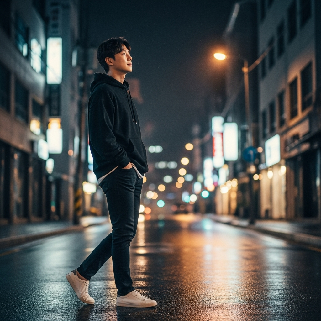 lifestyle photography of a modern Korean person walking alone in an urban street at night, looking peaceful and free, soft cinematic lighting, no text