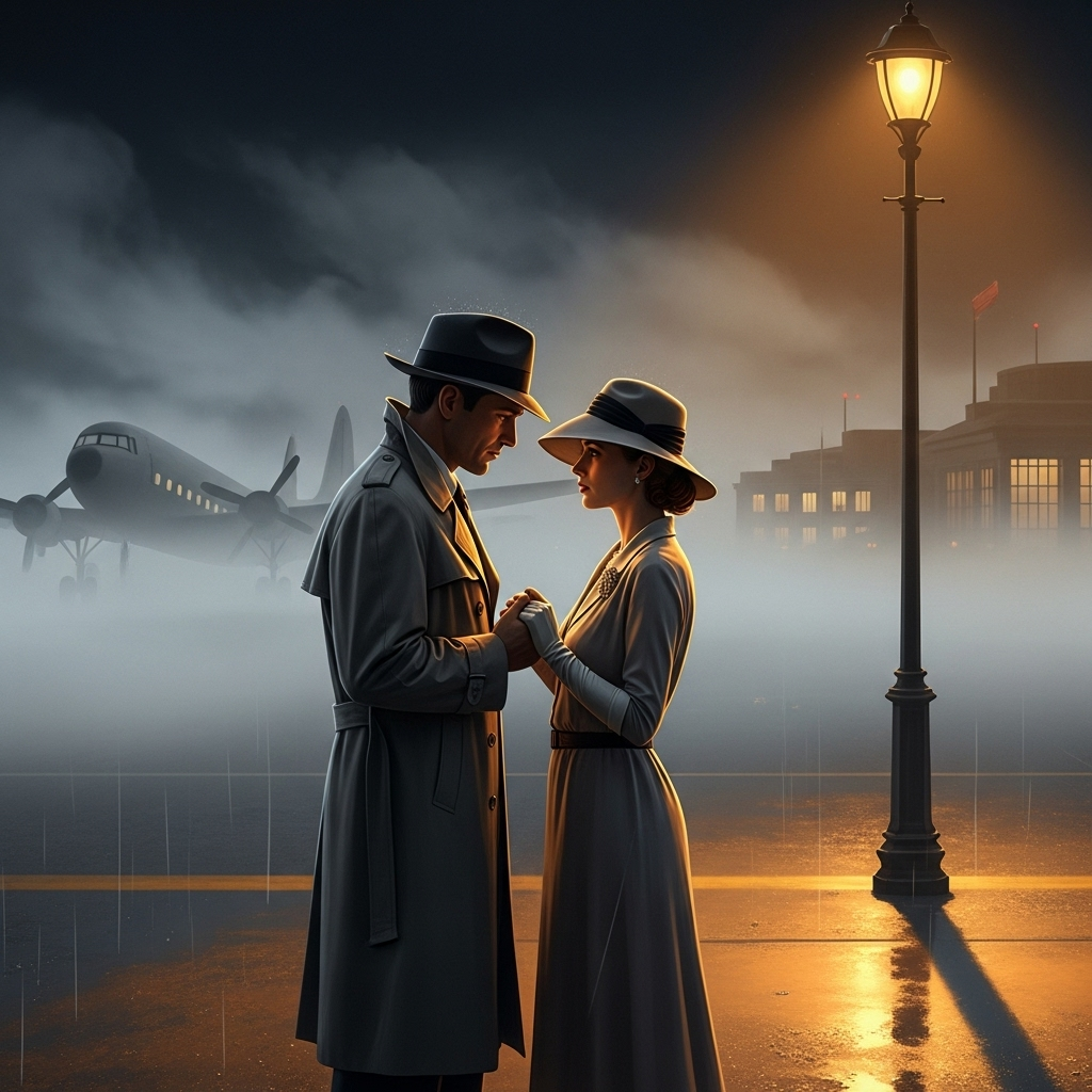 A cinematic illustration of a romantic farewell scene inspired by Casablanca, showing a man and woman in a foggy airport setting with nostalgic mood and warm light, no text.