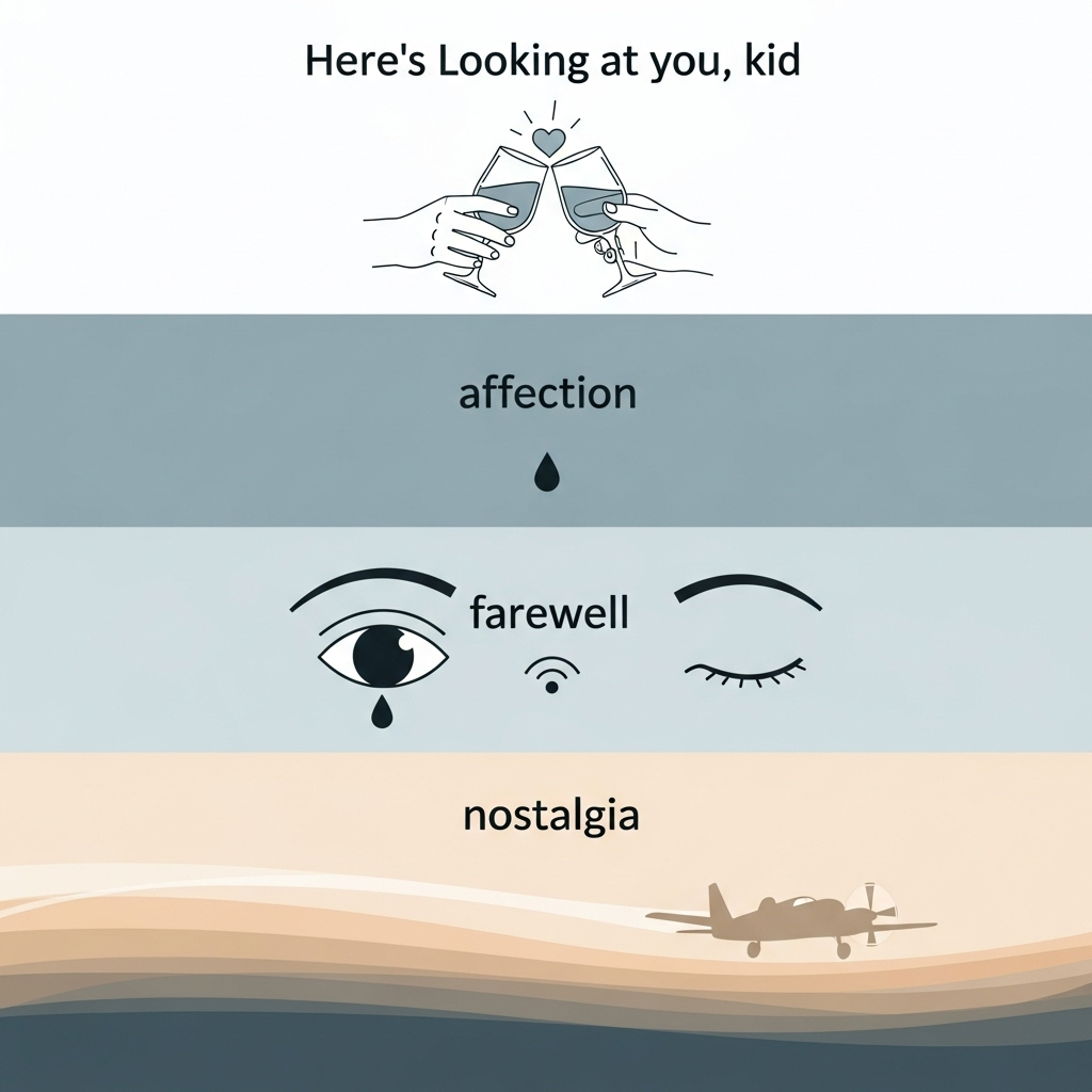Clean infographic showing the layered meanings of “Here’s looking at you, kid” — affection, farewell, nostalgia — using subtle symbols like a glass toast, a gaze, and a fading airplane, no text.