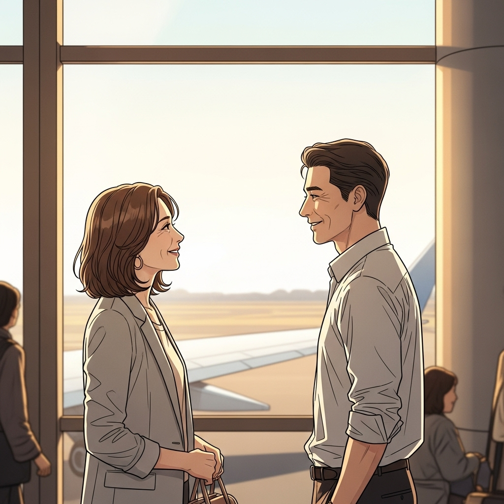Illustration of two people parting calmly at an airport with gentle smiles, symbolizing emotional maturity and respectful farewell, warm natural lighting, no text.