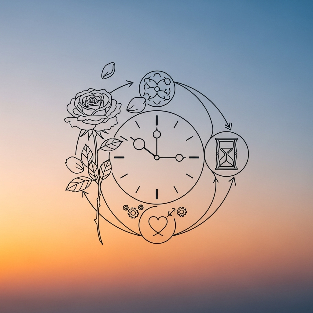 Infographic featuring quotes about love, time, and farewell from East and West, showing symbols like clock, rose, and sunset, minimal design, no text.
