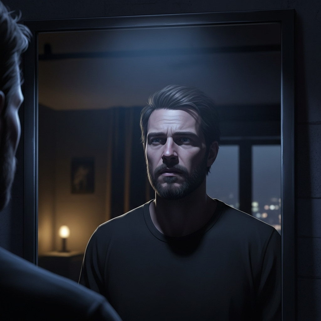 A cinematic illustration of a man looking into a mirror in a dimly lit urban apartment, expressing confrontation and self-reflection, realistic lighting, no text.