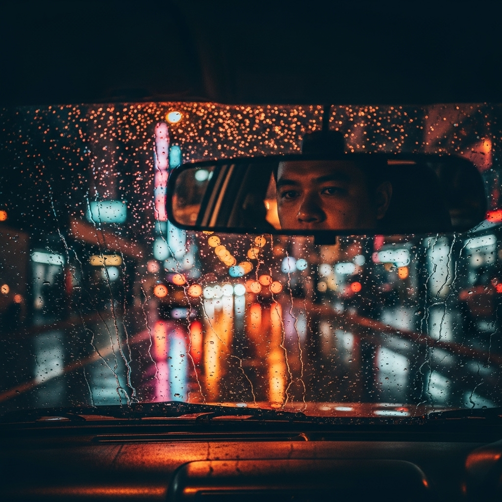 A dark city street seen through a taxi windshield at night, a solitary driver reflected in the rearview mirror, cinematic lighting, no text.